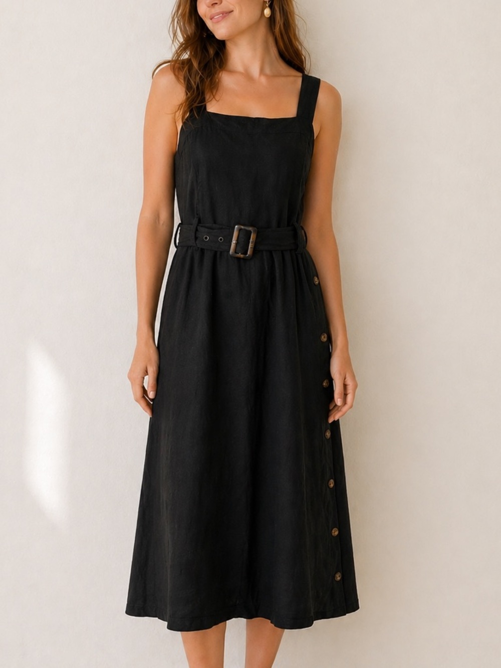 Nicole Miller Black Linen Blend Midi Dress Belted Side Button Minimalist M
